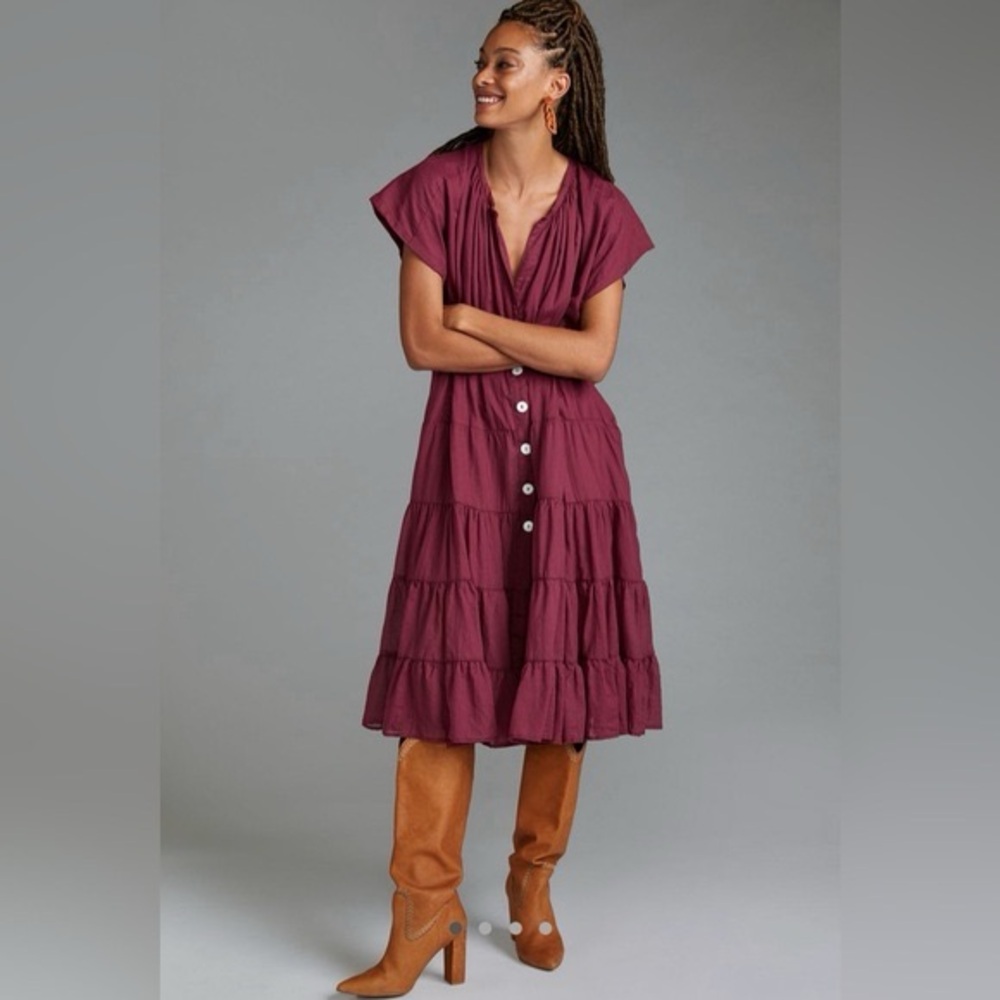 Anthropologie X Erika Peña Wine Color Tiered Midi Dress - One Size Fits Most